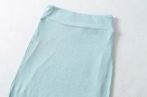 Mint green ribbed knit midi skirt high waist detail texture fabric soft elastic close up