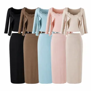 Women Rayon Ribbed Knit Top And Bottom Set Spicy Girl Lace V-Neck Cardigan Cami And Bodycon Midi Skirt Three Piece Co-ord Outfits