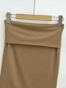 Damen einfarbige hohe Taille gefaltete Midi-Rock lässige gerade Strickrock Detail