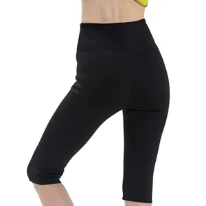 Vrouwen zwarte neopreen hoge taille zweet vormende capri fitness broek detail view