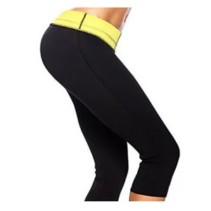 Detailweergave van neoprene zweethoes voor dames, met opvallende gele hoge tailleband.