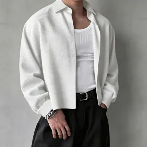 Men textured long sleeve shirt casual loose fit lapel button down top for layering daily wear