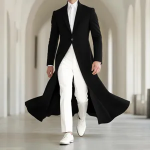 Vue detaillee de veste manteau long taille homme col montant pour banquet et evenements formels.