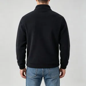 Detail view of men's black fleece jacket back design, soft texture stand collar daily wear.