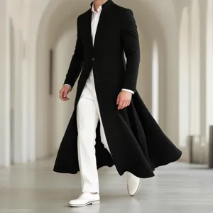 Vue détaillée de la veste longue homme avec col montant et confection très élégante.