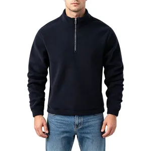 Detail view of men's quarter-zip fleece pullover collar texture and metal zipper finish.