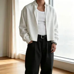 Men textured short casual shirt long sleeve lapel solid color loose fit stylish daily wear top
