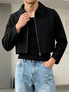 Heren Casual Minimalistisch Kort Revers Jas Zwart Polyester Bovenkleding Met Tweewegrits Mode Top Voor Herfst