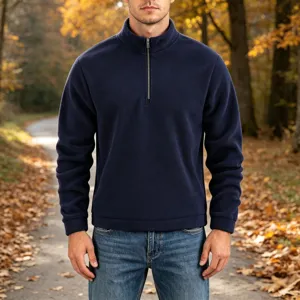 Men's solid color quarter-zip fleece pullover sweater, casual outdoor autumn winter top.