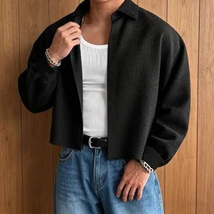 Men's textured short shirt, loose drop-shoulder lapel casual long sleeve top.