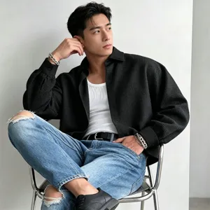 Details of men textured long sleeve shirt casual loose lapel top stylish menswear outfit