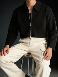 Zwarte Korte Herenjas Met Revers En Tweezandige Rits En Off-White Casual Cargobroek