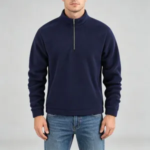 Detail view of men's quarter-zip fleece sweatshirt, stand collar and soft cozy texture.