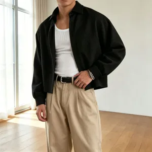 Men's textured short button-down shirt casual loose long sleeve top with lapel collar