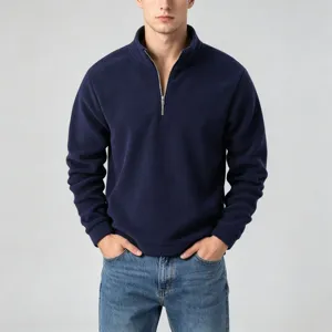 Men's half zip fleece sweatshirt detail view, solid dark blue winter warm pullover top.