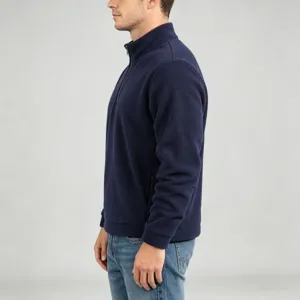 Men solid color half-zip fleece sweatshirt, casual stand collar winter top side view.