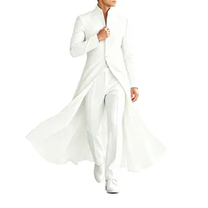 Détails de la veste longue blanche homme col montant ourlet évasé manteau style de banquet.