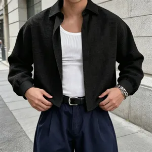 Men textured short shirt detail view, casual loose dropped shoulder lapel long sleeve top.