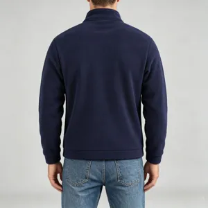 Men's solid color half-zip fleece jacket back view detail showing comfortable stand-up collar design.