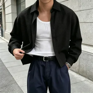 Men textured long sleeve shirt casual loose lapel solid color layering fashion top detail view
