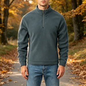 Men's quarter-zip fleece pullover sweatshirt with stand collar in dark green solid color.