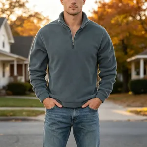 Detailed view of the men's half-zip fleece pullover showcasing the soft texture and collar.