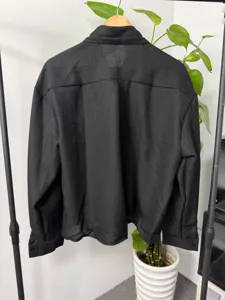 Mens black textured casual long sleeve shirt back detail view loose fit design