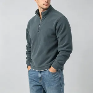 Men's half-zip fleece sweatshirt detail view, soft autumn winter warm solid color top.