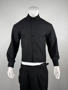 Men's textured cropped long sleeve shirt, casual solid color lapel button down top fashion detail.