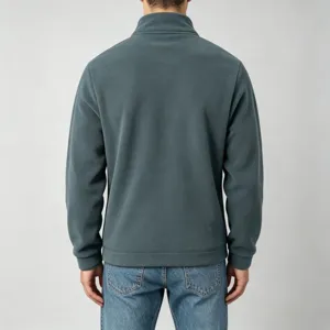 Back detail of men's dark green half-zip stand-up collar fleece sweatshirt in solid color.
