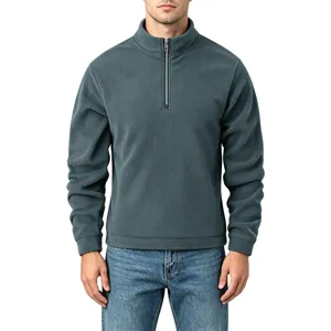 Men's half-zip fleece sweatshirt detail view, casual stand collar fleece pullover top in dark green.