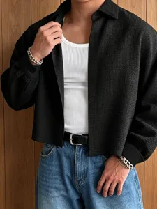 Men's black textured cropped long sleeve shirt, casual loose lapel button down top for men.
