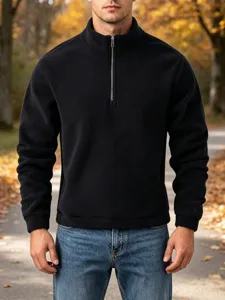 Men's Half Zip Polar Fleece Sweatshirt Thickened Warm Stand Collar Solid Color Long Sleeve Pullover Top Casual Fashion Fleece Top