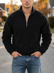 Men's black quarter-zip fleece sweatshirt with stand collar, stylish and warm for autumn winter.