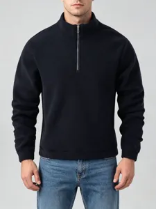Men's half-zip fleece sweatshirt, casual autumn winter stand collar pullover top for daily wear.