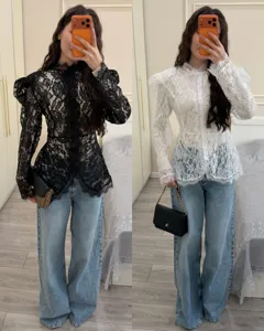 Elegant women lace long sleeve blouse slim fit stand collar autumn fashion shirt top