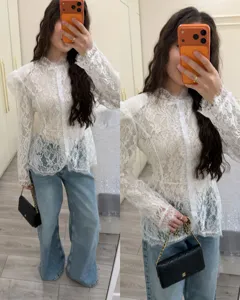 White lace long sleeve blouse for women, elegant slim fit shirt featuring delicate floral patterns.