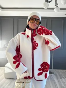 Stylish floral print fleece zip up cardigan jacket for women autumn winter warm outerwear