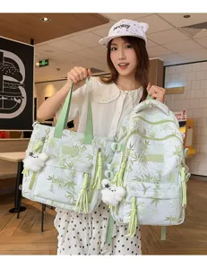 Green bamboo print canvas tote bag and backpack set for students, casual daypack with plush charm.