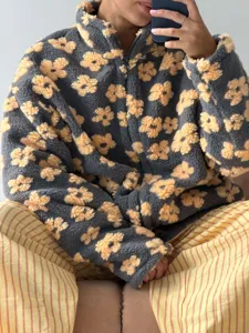 Women Fleece Zip Up Jacket Casual Fall Winter Floral Print Oversized Outerwear Coat Top