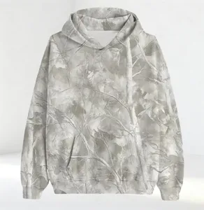 Close-up detail of the grey winter tree branch camouflage pattern on this casual hooded sweatshirt.