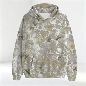 Casual 3D maple leaf camouflage print hoodie with long sleeves and front pocket.