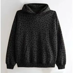 Casual loose long-sleeve dark leopard print hooded sweatshirt for daily wear and street fashion.