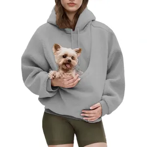 Women Grey Fluffy Hooded Sweatshirt with Front Pet Pouch Casual Winter Warm Pullover Top