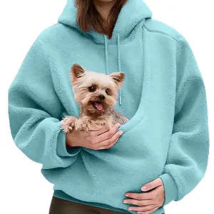 Women Casual Solid Color Hooded Fluffy Pet Pouch Loose Pullover Fleece Sweatshirt