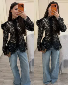 Chic black lace long sleeve blouse for women, elegant mock neck slim fit autumn top detail.