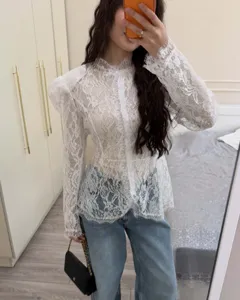 Women White Lace Blouse Long Sleeve Slim Fit Elegant Fall Fashion Top Shirt Woman