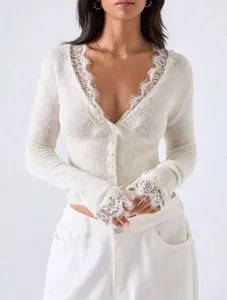 Close-up of V-neck lace patchwork knitted cardigan sleeve and neckline detail view.