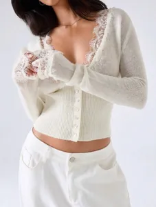 White lace trim V-neck knit cardigan close-up showing delicate cuff and button details.