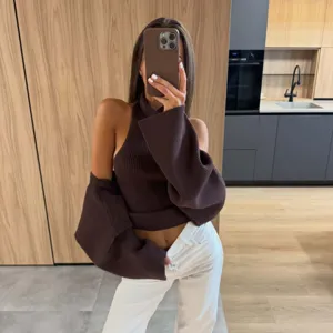 Κομψό Πλεκτό Σετ Δύο Τεμαχίων με Ψηλό Λαιμό και Ανοιχτούς Ώμους Τοπ και Παντελόνι για Γυναίκες Casual Ντύσιμο